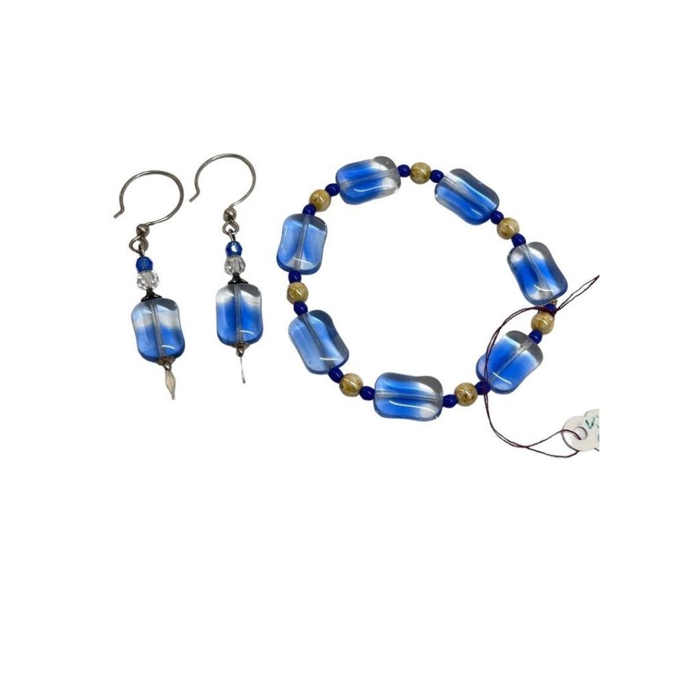 Vintage Glass Beaded Stretch Bracelet and 2.25" Drop Hook Earring Set